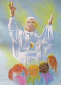 Jan Paweł II z uniesionymi ku górze dłońmi. W dole czworo dzieci zwróconych ku papieżowi