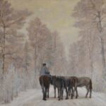 Obraz olejny przedstawiający drogę leśną zimową porą. Widać pięć koni tyłem, a na jednej siedzi mężczyzna