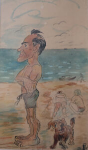 Rysunek przedstawiający mężczyznę w niebieskich szortach. Wielkość głowy jest nieproporcjonalna do ciała. W tle piaskowa plaża i woda. Obok mężczyzny dwie leżące osoby.