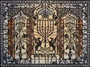 Rysunek inspirowany sztuką żydowską. Dominują ciemne kolory. W widać menory.  