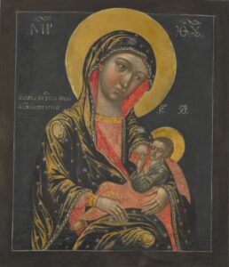 Ikona przedstawiająca Matkę Bożą z Dzieciątkiem, ukazująca Marię, która trzyma w ramionach młodzieńczego Chrystusa i pochyla głowę, aby przytulić swój policzek do policzka syna. Chrystus obejmuje ją jedną ręką za ramię,