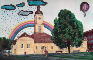 Na zdjęciu widać rysowany Ratusz w Białymstoku, w tle teczka.