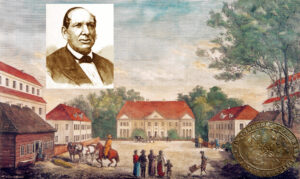 Grafika przedstawiająca pocztówkę z widokiem na miasto, postacie ludzkie, konie. Na górze po lewej stronie widać popiersie mężczyzny w sepii.