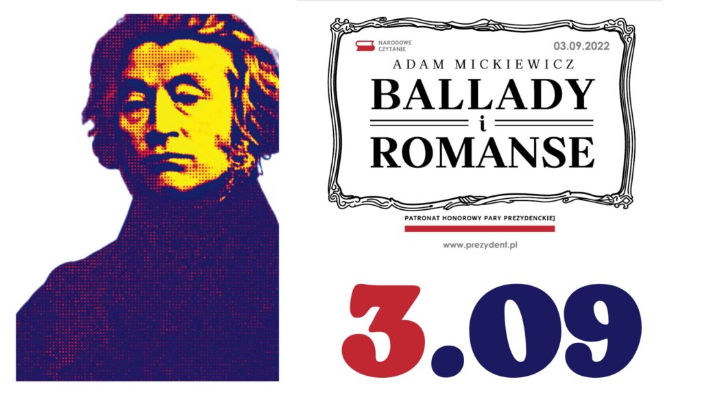 Grafika fioletowo - różowa przedstawiająca półpostać Adama Mickiewicza, po prawej data 3 września i napis Ballady i Romanse Adama Mickiewicza