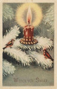 Kartka świąteczna przedstawiająca przedwojenną lampkę świąteczną oraz dwa ptaki. 